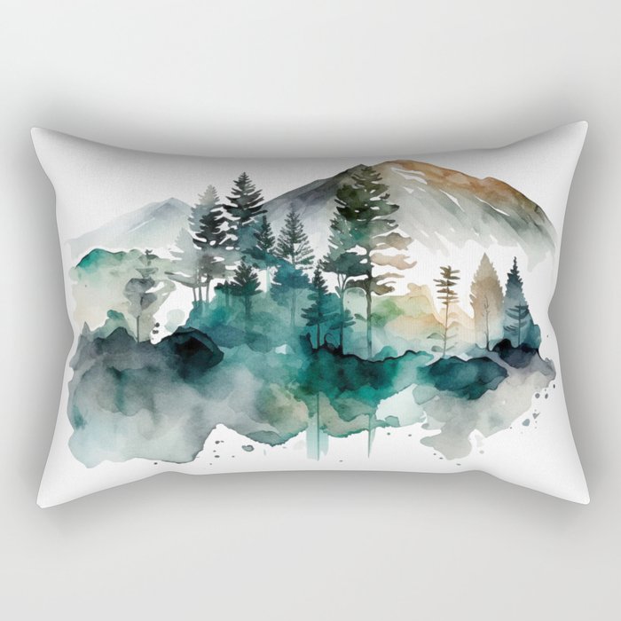 Forest Trees Mountains Nature Watercolor Rectangular Pillow