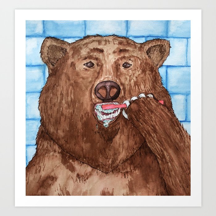 Bear Brushing Teeth Watercolor Illustration Art Print by Sam Made ...