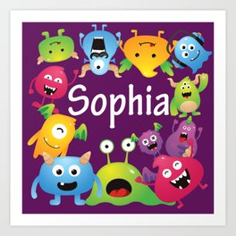Cute & lovely monsters - Sophia (purple background) Art Print