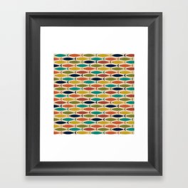 Midcentury Modern Multicolor Fish Pattern in Olive, Mustard, Orange, Teal, Beige Framed Art Print