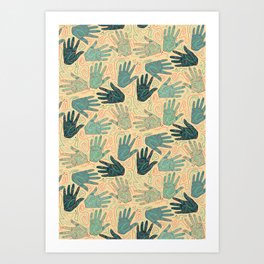 creative hands turquoise coral green high five colorful lines Art Print