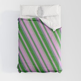 [ Thumbnail: Forest Green, Dark Gray, Plum, and Slate Gray Colored Stripes/Lines Pattern Comforter ]