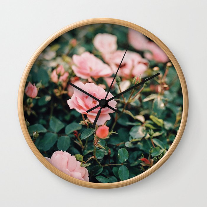 Dreamy wild pink roses on film Wall Clock