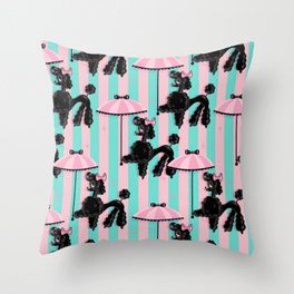 Vintage Style Poodle with Parasol on Pink and Mint Stripes Throw Pillow