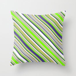 [ Thumbnail: Eyecatching Green, Dark Slate Blue, White, Dark Khaki & Grey Colored Lined Pattern Throw Pillow ]