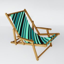 [ Thumbnail: Aquamarine, Teal, and Black Colored Pattern of Stripes Sling Chair ]