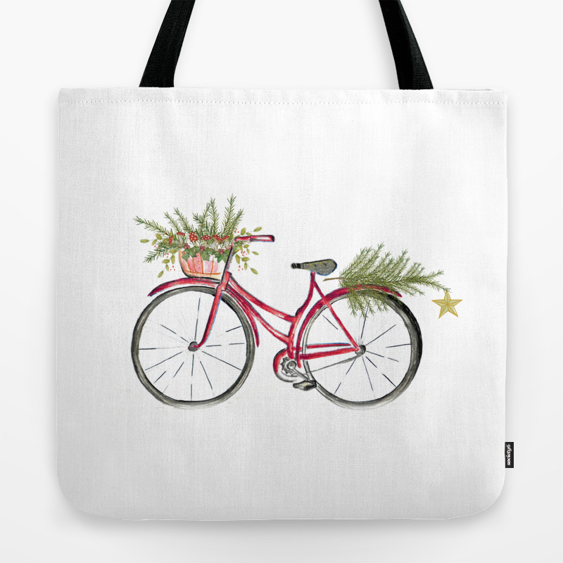 Red Christmas Bicycle Tote Bag By Jenniferrizzo Society6