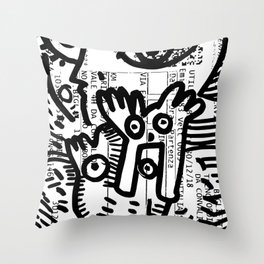 Creatures Graffiti Black and White on French Train Ticket Throw Pillow