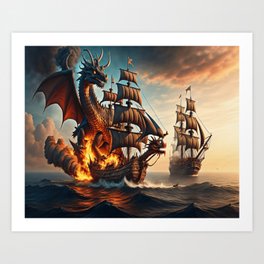Ocean Ships Fire Dragon  Art Print
