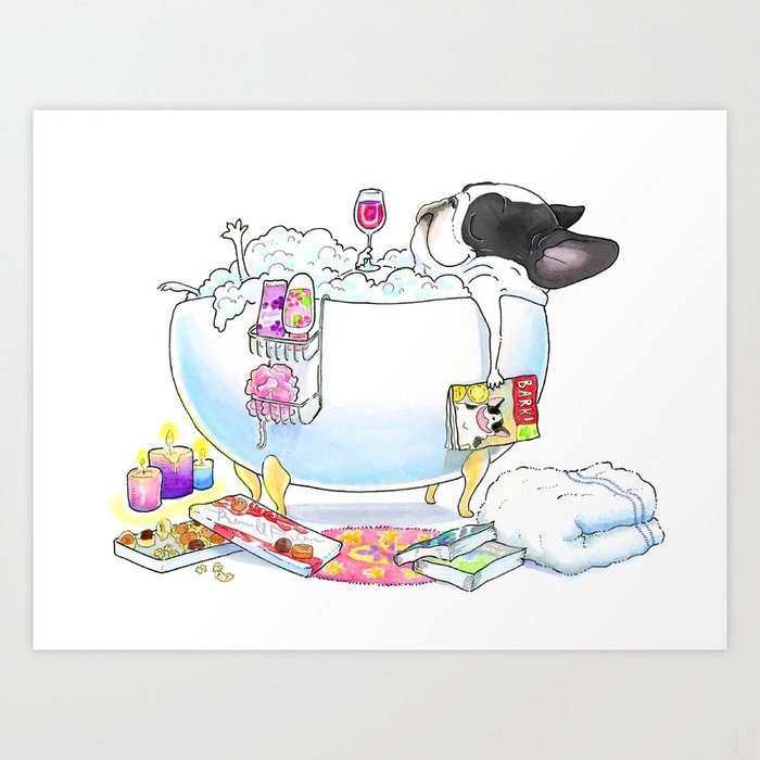 French Bulldog in the Tub - black and white pied Art Print