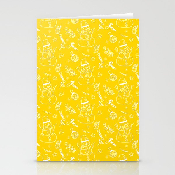 Yellow and White Christmas Snowman Doodle Pattern Stationery Cards
