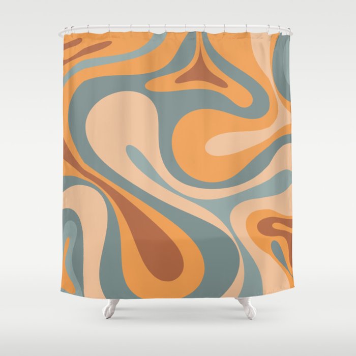 Mod Swirl Retro Abstract Pattern in Muted Slate Blue Orange Brown Shower Curtain