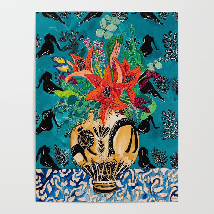 Amphitrite: Orange Lily and Wildflower Bouquet in Lion and Giraffe Urn on Emerald Matisse Inspired Wallpaper Poster