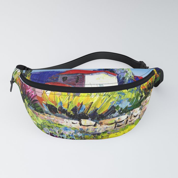 Mediterranean villa colorful tropical countryside garden and flowers flora and fauna landscape acrylic painting Fanny Pack