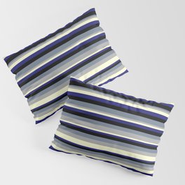 [ Thumbnail: Colorful Slate Gray, Dark Gray, Light Yellow, Midnight Blue, and Black Colored Lined/Striped Pattern Pillow Sham ]