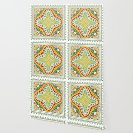 Decorative colorful background, geometric floral doodle pattern with ornate lace frame. Tribal ethnic mandala ornament. Bandanna shawl, tablecloth fabric print, silk neck scarf, kerchief design Wallpaper