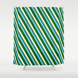 [ Thumbnail: Vibrant Teal, Light Sky Blue, Dark Green, White, and Orange Colored Pattern of Stripes Shower Curtain ]