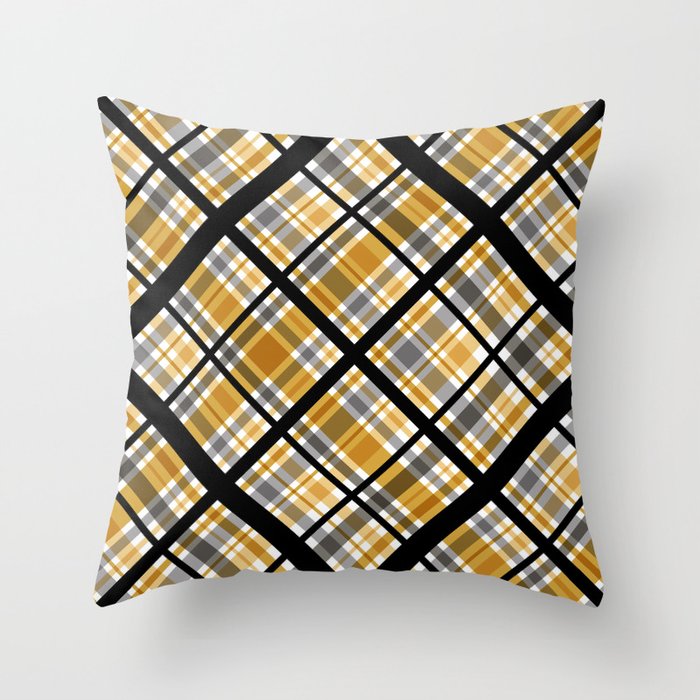 MCM Diagonal Plaid Pattern // Butterscotch, Gold, Gray, Black and White Stripes Throw Pillow