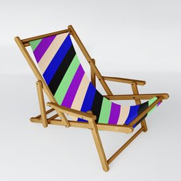 [ Thumbnail: Colorful Light Green, Dark Violet, Bisque, Blue & Black Colored Stripes Pattern Sling Chair ]