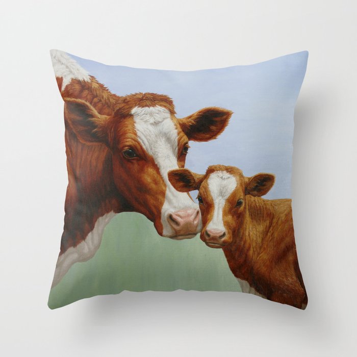 Guernsey Cow and Cute Calf Throw Pillow