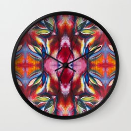 Molten Flowers Kaleido II Wall Clock | Kaleidoscope, Trippy, Flowers, Boho, Symmetrical, Botanical, Acrylic, Psychedelic, Bohemian, Red 
