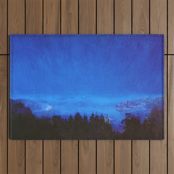 Midnight Blue, Midsummer Night coastal landscape painting by Harald Sohlberg Outdoor Rug