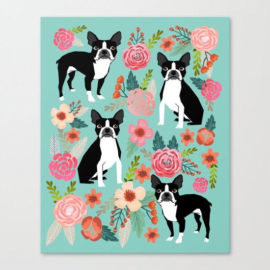 Floral Boston Terrier cute flowers spring bouquet love valentines day black and white mint dogs Canvas Print