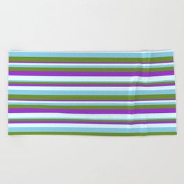 [ Thumbnail: Sky Blue, Green, Dark Orchid, and Light Cyan Colored Striped Pattern Beach Towel ]