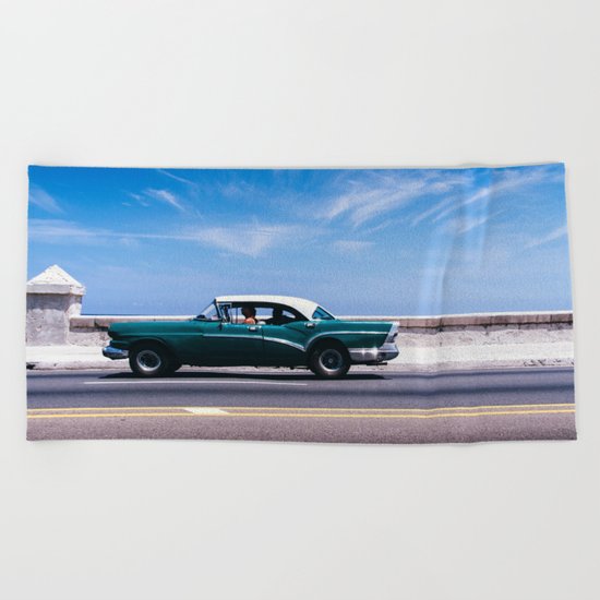Vintage green car Beach Towel