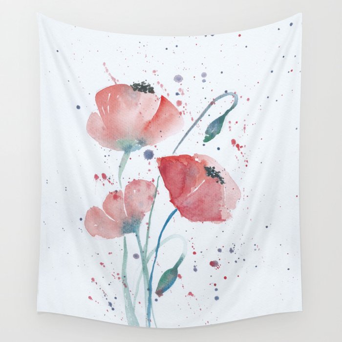 Red poppies in the sun floral watercolor painting Wall Tapestry