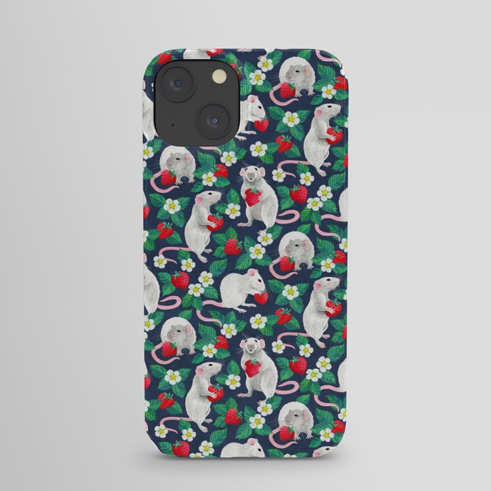 Rats Love Strawberries on navy blue iPhone Case