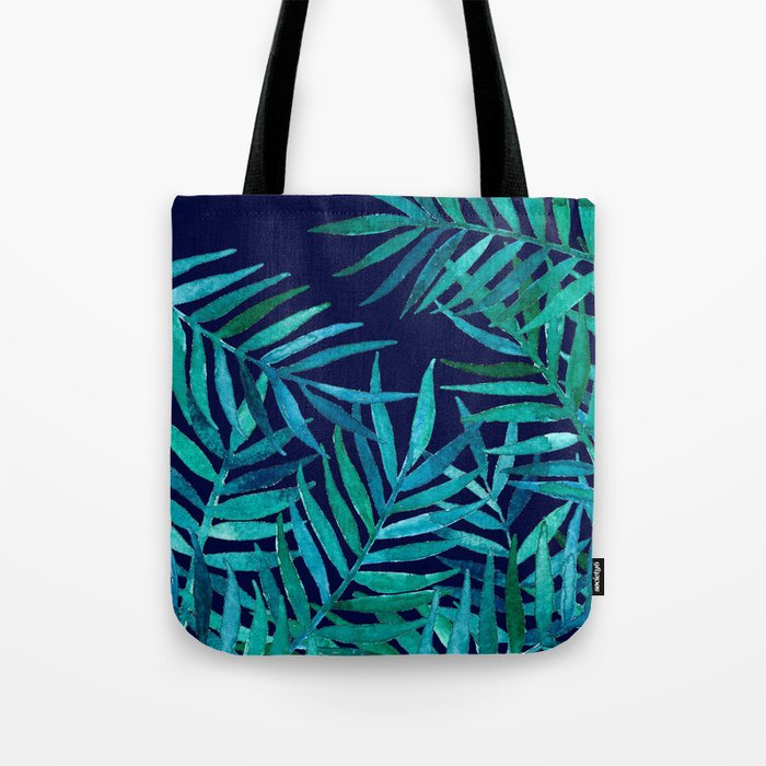 Watercolor Palm Leaves on Navy Tote Bag