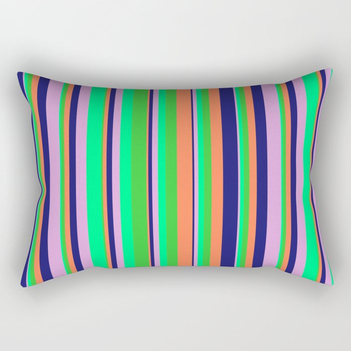 Vibrant Lime Green, Coral, Midnight Blue, Plum, and Green Colored Lines/Stripes Pattern Rectangular Pillow