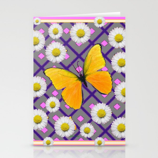 Yellow Butterfly on Lilac-pink Shasta Daisy Grey Abstract Pattern Stationery Cards