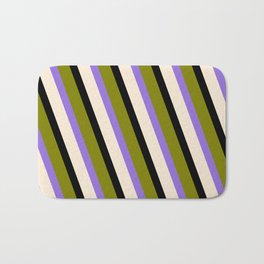 [ Thumbnail: Green, Purple, Beige, and Black Colored Stripes/Lines Pattern Bath Mat ]
