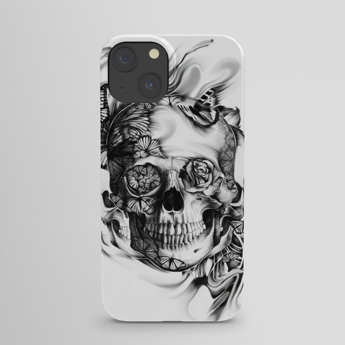Butterfly smoke skull in black and white iPhone Case