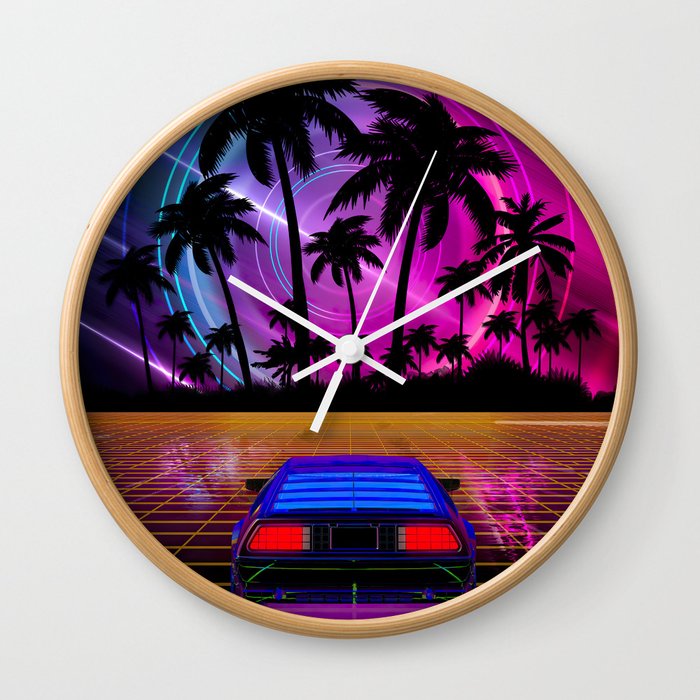 Neon landscape: Synthwave horizon & car [synthwave/vaporwave/cyberpunk] — aesthetic poster, retrowav Wall Clock