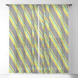 [ Thumbnail: Aquamarine, Yellow, and Dim Gray Colored Lined/Striped Pattern Sheer Curtain ]