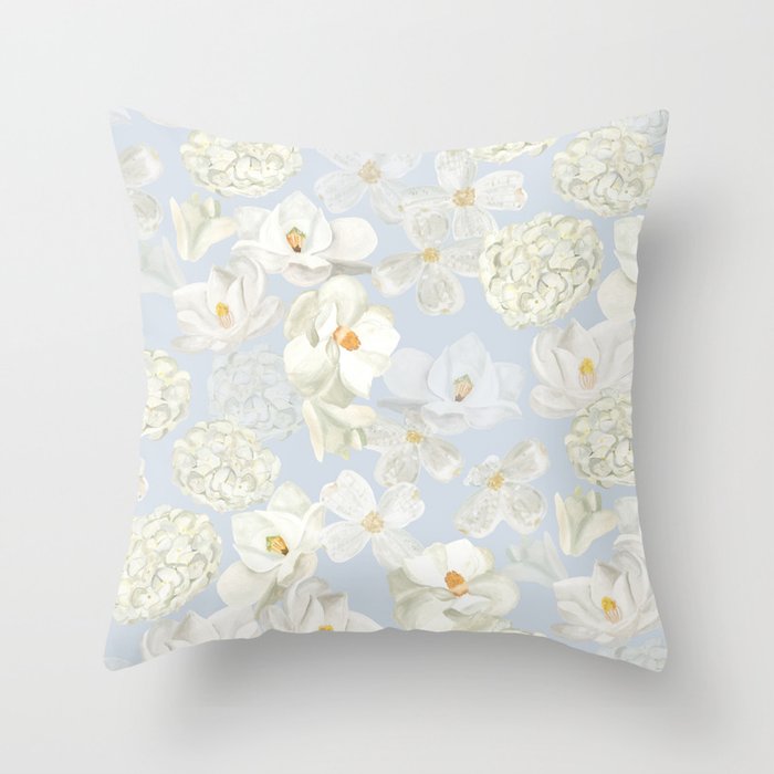 White Floral on Pale Blue Throw Pillow