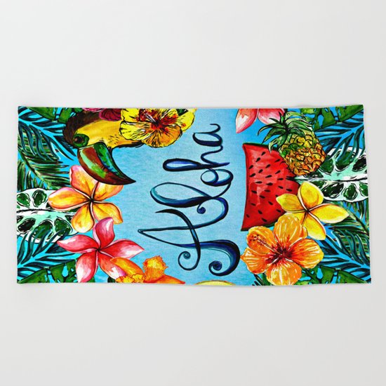Aloha - Tropical Flower Food and Animal Summer Design on #Society6 Beach Towel