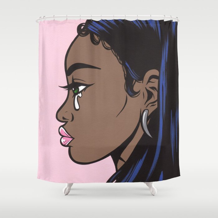 Crying Comic Black Girl Shower Curtain, Pretty Black Girl Shower Curtain