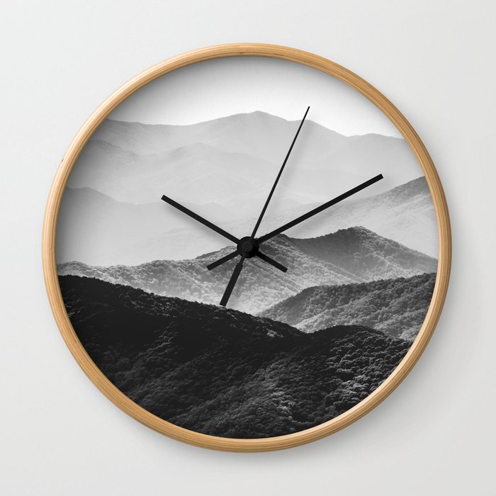 Glimpse - Black and White Mountains Landscape Nature Photography Wall Clock