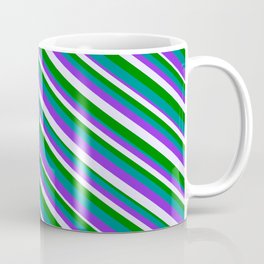 [ Thumbnail: Purple, Lavender, Green, and Dark Cyan Colored Striped/Lined Pattern Coffee Mug ]