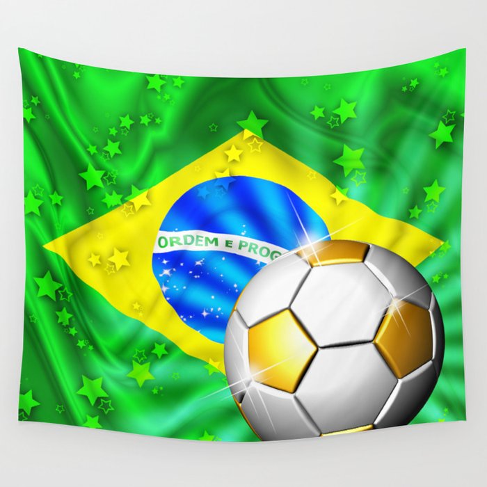 Brazil Flag Gold Green and Soccer Ball Wall Tapestry