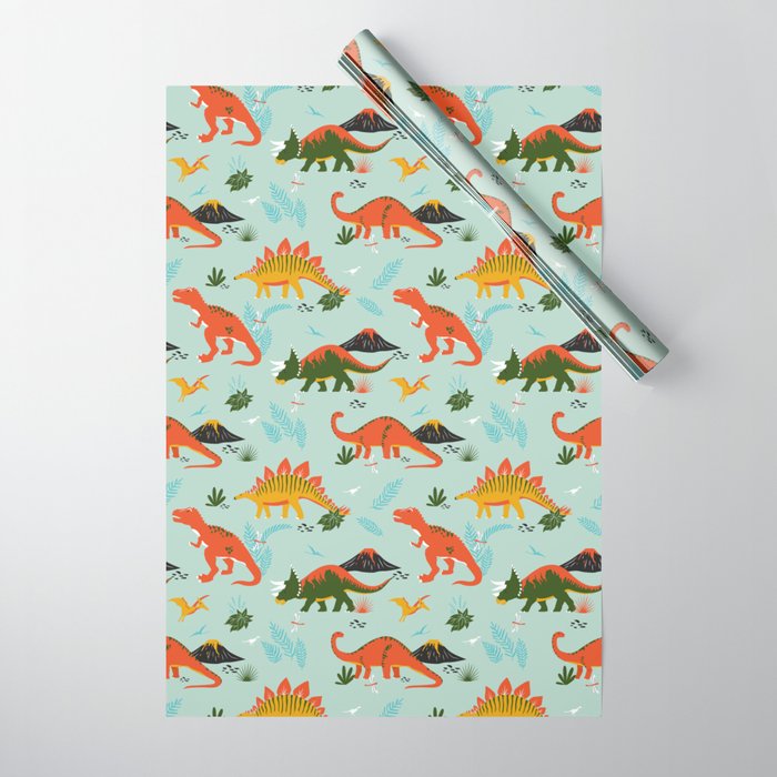Jurassic Dinosaurs in Blue + Red Wrapping Paper