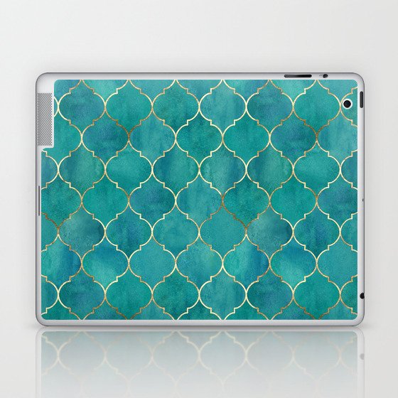Turquoise Teal Golden Moroccan Quatrefoil Pattern Laptop & iPad Skin