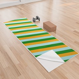 [ Thumbnail: Orange, Turquoise, and Green Colored Lined Pattern Yoga Towel ]