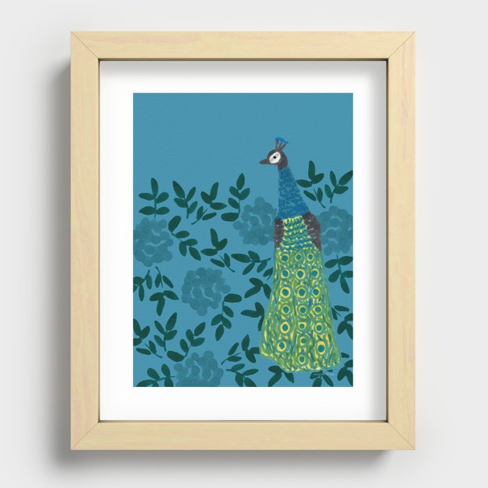 Peacock and Flower - Teal and Blue Recessed Framed Print