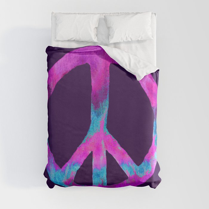 Purple Turquoise Watercolor Tie Dye Peace Sign on Purple Duvet Cover