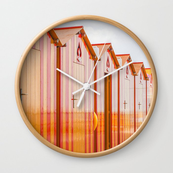 Sorrento Stripes | Red And Orange Beach Changing Rooms Art Print | Amalfi Coast Italy Travel Photography Wall Clock